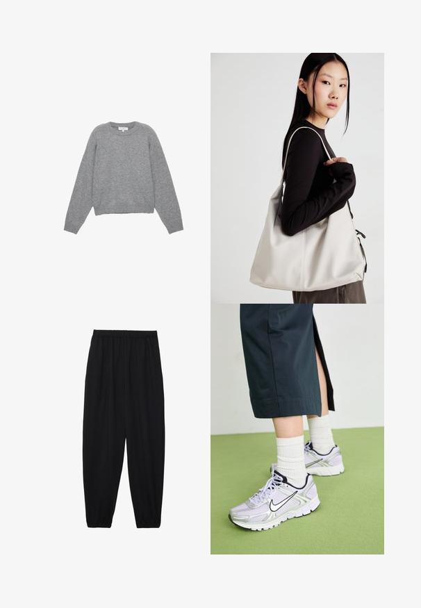 Szary sweter dzianinowy z długimi rękawami, ribbowanymi mankietami i dołem. Okrągły dekolt z luźnym krojem i miękką teksturą. Bez widocznych wzorów czy akcentów.; Czarne, lekkie spodnie z elastycznym pasem i ściągaczami na kostkach. Materiał jest gładki i ma luźny, zwężany krój.; Buty biegowe Nike w jasnofioletowym kolorze z srebrnymi akcentami, czarnym logo i białą podeszwą. Połączone z fakturowanymi, białymi skarpetkami do kostek i ciemnymi spodniami.; Beżowa torebka wykonana z miękkiego materiału, charakteryzująca się luźnym fasonem, wyszywanymi detalami i dwoma uchwytami na ramię. Idealna na co dzień.
