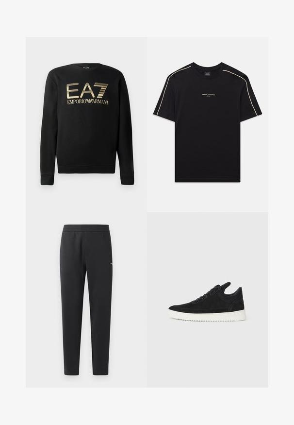 Black sweatshirt with crew neck, featuring gold EA7 Emporio Armani logo across the chest. Soft fabric with ribbed cuffs and hem.; Black cotton t-shirt with short sleeves, rounded neck, beige accent stitching on shoulders, and ARMANI EXCHANGE logo in the center.; Black jogger pants made of soft fabric, featuring an elastic waistband, straight legs, and a single small logo detail on the side.; Black suede sneaker with a white rubber sole, featuring tonal stitching and lace-up design. Smooth texture with a modern, streamlined shape.
