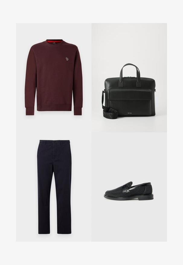 Burgunderfarbener Sweatshirt aus einem weichen Baumwollmix, mit rundem Halsausschnitt, gerippten Bündchen und Saum, und einem kleinen gestickten Tierlogo auf der Brust.; PS Paul Smith TROUSER - Chino - dark blue; Schwarzer geflochtener Slipper mit einem glatten Lederakzent im Obermaterial, einem runden Zehendesign und einer flachen Gummisohle.; Schwarze Lederakte mit doppelten Obergriffen, einer Fronttasche und einem abnehmbaren Tragegurt, mit subtiler Markierung am Boden.