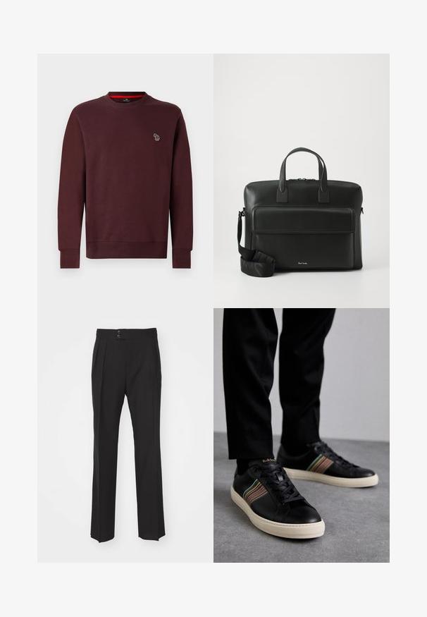 Felpa borgogna realizzata in morbido cotone misto, con colletto tondo, polsini e orlo ribattuti, dotata di un piccolo logo di animale ricamato sul petto.; Pantaloni neri su misura con design a gamba dritta, due tasche anteriori e chiusura a doppio bottone in vita. Tessuto dalla finitura liscia.; Sneaker in pelle nera con accenti a strisce multicolori, punta rotonda e suole in gomma bianca, dotate di chiusura con lacci e marchio in rilievo.; Valigetta in pelle nera con manici superiori doppi, una tasca frontale e una tracolla staccabile, con un sottile marchio in fondo.