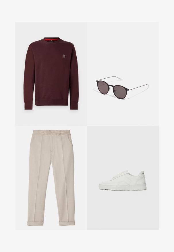 Burgunderfarget sweatshirt laget av myk bomullsblanding, med rund hals, ribbede ermer og nederkant, samt et lite brodert dyrelogo på brystet.; Filippa K TERRY CROPPED TROUSERS - Bukse - sage melange; Hvite lærersneakers med en jevn overflate, rund tå, flate lisser og en teksturert såle. Har en subtil logo på hælen.; Sorte, runde solbriller med mørke linser og slanke metalarmer. Inkluderer klare temple tips og sølvfargede detaljer ved hengslet. Minimalistisk design.
