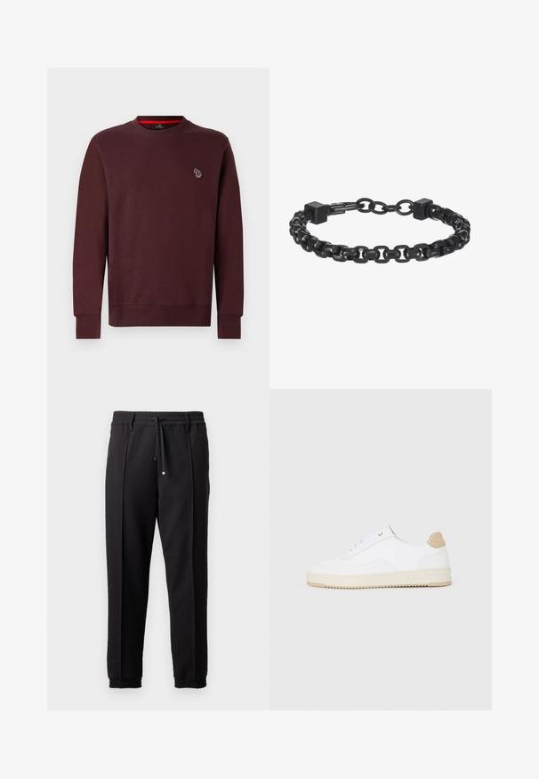 Burgundy sweatshirt made of soft cotton blend, featuring a round neck, ribbed cuffs and hem, with a small embroidered animal logo on the chest.; Black trousers with a waistband, drawstring, and elastic cuffs. Features pleats and a smooth, textured fabric.; White low-top sneakers with a textured leather upper, cream ridged sole, and a tan heel accent. Features white laces and logo detail on heel.; Black metal chain bracelet featuring interlocking links, square accents, and a smooth texture. Adjustable design for fit.