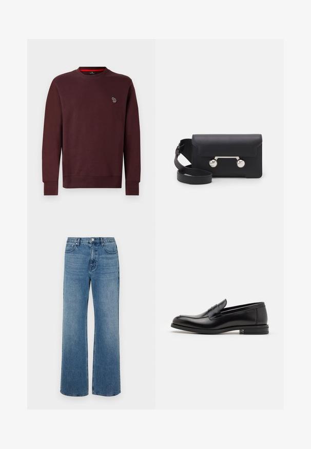 Bordeaux sweatshirt tillverkad av mjuk bomullsblandning, med rund halsringning, ribbade ärmslut och nederkant, samt en liten broderad djurlogo på bröstet.; Vida blå jeans i vida ben av denim med en blekt finish. Har fem fickor, knappstängning fram och rak skärning.; Svarta läderloafers med en slät yta, rund tå och ett dekorativt band över främre delen. Låg staplad klack, minimalistisk design.; Svart läder crossbody-väska med klaffstängning, silverfärgade detaljer och två runda accenter. Utrustad med en avtagbar rem. Slät textur.