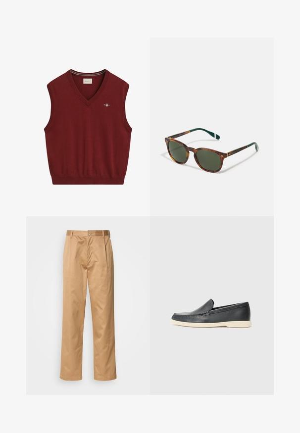 Rode mouwloze sweatervest met een V-hals, gemaakt van een zachte breimateriaal. Beschikt over een klein geborduurd logo op de borst en ribgebreide randen.; Khaki broek, katoenmix, recht model, voorplooien, riemlussen en knoopsluiting. Gladde textuur zonder patronen.; Zwarte leren instappers met een gestructureerde afwerking en een contrasterende beige rubberen zool. Beschikt over een subtiele accent langs de voorkant.; Schildpadzonnebril met groene lenzen, ronde vorm, gouden accenten en donkergroene pootjes met een witte streep.