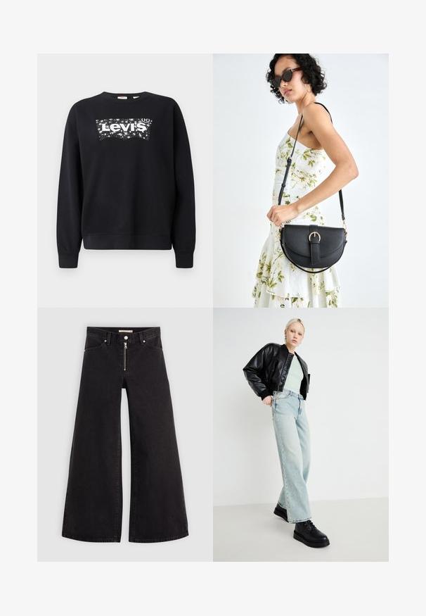 Hanorac negru din bumbac, având un logo alb "Levi's" într-un design cu stele. Decolteu rotund și manșete și tiv din material riblon.; Jeans cu picioare largi din denim negru, cu fermoar în față, design cu cinci buzunare și detalii subtile de cusătură. Textură netedă și stil casual.; Jachetă bomber din piele neagră, cămașă verde mentă, blugi evazați de culoare albastru deschis și pantofi negri cu șireturi, pe un fundal minimal.; Geantă din piele neagră, cu o formă curbată, curea detașabilă și accesorii aurii. Geanta are un capac cu un detaliu tip cataramă.