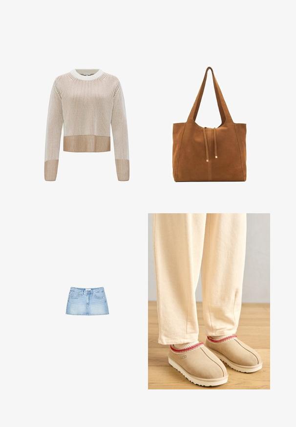 Strickpullover mit geripptem Muster, mit abwechselnden cremefarbenen und hellbraunen Streifen, rundem Ausschnitt und cropped Saum.; Denim-Minirock in Hellblau, mit geradem Schnitt, fünf Taschen und einer Knopfleiste vorne mit Gürtelschlaufen. Glatte Textur.; Beige Wildlederschuhe mit rotem dekorativem Rand und weißer Gummisohle, kombiniert mit hellbeigen Hosen, auf einem Holzboden.; Braune Wildleder-Tasche mit zwei langen Trägern, Zugverschluss und minimalistischem Design. Glatte Textur und keine sichtbaren Hardware-Details.