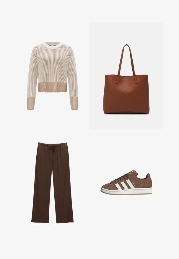 Strickpullover mit geripptem Muster, mit abwechselnden cremefarbenen und hellbraunen Streifen, rundem Ausschnitt und cropped Saum.; Braune weite Hosen aus weichem Stoff, mit einem elastischen Bund und Kordelzug sowie zwei Seitentaschen.; Braune Wildledersneaker mit weißen Lederstreifen, Gummisohle, gerundetem Zehenbereich und Schnürung. Mit einem Logo auf der Zunge und perforierten Akzenten.; Braune Leder-Tote mit glatter Textur, offenem Oberteil und zwei Schulterriemen. Verfügt über minimale Nähte und keine sichtbaren Beschläge.