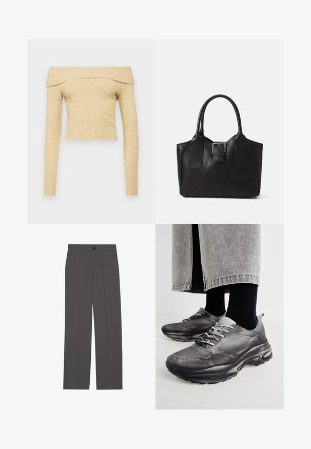 Top off-the-shoulder a maniche lunghe in morbido tessuto a maglia beige chiaro con scollo a coste. Lunghezza cropped con texture soffice.; Pantaloni grigi con un design a gamba dritta, dotati di due tasche laterali e chiusura con bottone. Tessuto liscio senza motivi o accenti visibili.; Le scarpe da ginnastica nere e grigie presentano una tomaia in rete, suole spesse e lacci. Hanno una punta arrotondata e un dettaglio di ammortizzazione visibile.; Borsa tote in pelle nera con texture liscia, forma strutturata, due manici e un evidente dettaglio in fibbia argentata sul davanti.; Orecchini a cerchio in oro con un design liscio e arrotondato. Sottili e leggeri, con un anello continuo privo di decorazioni.