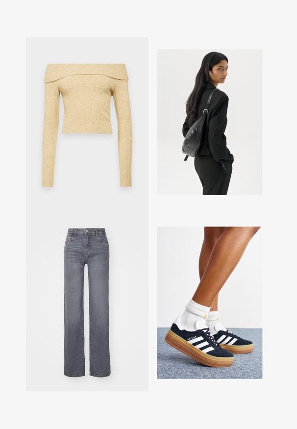 Top s dugim rukavima, bez naramenica, u svijetlosmešanoj pletenini s rebrastim izrezom. Skraćena dužina s mekom teksturom.; Sive široke traperice izrađene od denima s glatkom teksturom, s kopčanjem na dugme i zatvaračem, te pet džepova.; Crne tenisice od brušene kože s bijelim prugama i detaljima, okruglim vrhom, gumeni potplat boje gume, uparene s bijelim rebrastim čarapama.; Žena s dugom tamnom kosom koja nosi crno odijelo, drži crnu kožnu torbu preko ramena i gleda unazad na bijeloj pozadini.