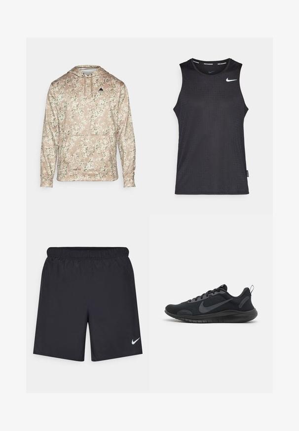 Sudadera con capucha en color beige con un estampado de camuflaje en tonos de verde y blanco. Incluye un bolsillo frontal y un logo negro en el pecho.; Camiseta sin mangas negra de deporte hecha de material suave, con un patrón texturizado y un pequeño logo blanco de Nike en el pecho.; Pantalones cortos deportivos negros hechos de un material ligero con una cintura elástica. Presenta un pequeño logo blanco de Nike en la parte inferior izquierda.; Zapatillas deportivas negras con un upper texturizado, cierre de cordones y suela lisa. Presenta un logotipo prominente en el lateral y una lengüeta en el talón.