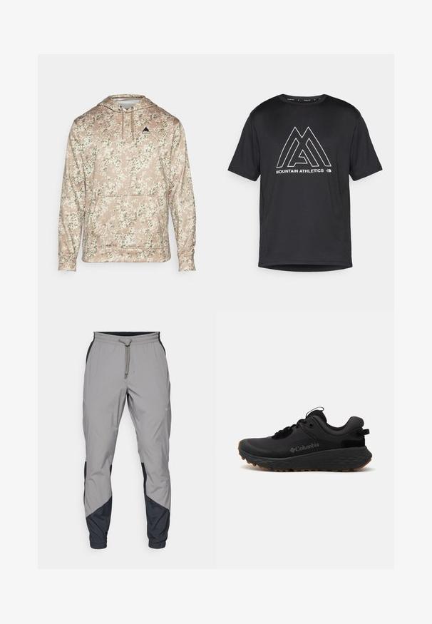 Felpa con cappuccio color tan con stampa camouflage in diverse tonalità di verde e bianco. Include una tasca frontale e un logo nero sul petto.; T-shirt nera a maniche corte realizzata in materiale sintetico, con un logo geometrico bianco e la scritta "MOUNTAIN ATHLETICS" sul davanti.; Pantaloni sportivi leggeri grigi con accenti neri. Vita elastica, chiusura con cordino, design a gamba affusolata e tasche laterali.; Scarpa sportiva Columbia nera con superficie texturizzata, colletto imbottito e suola in gomma con un motivo distintivo per una migliore aderenza.