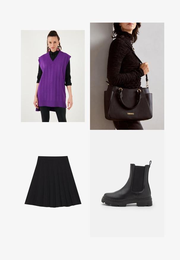 Ljubičasti pleteni prsluk s V-izrezom, rebrastom teksturom i bez rukava. Nositelj preko crne košulje na dugme, s dugim rubom i bočnim prorezima.; Crna plisirana suknja izrađena od teksturiranog materijala s uskim strukom. Pada do koljena, a ima glatku, čistu siluetu.; Crne kožne gležnjače s elastičnim bočnim panelima, zaobljenim prstima i strukturiranom gumenom potplatom. Imaju petlju straga za lakše oblačenje.; Crna torba s teksturiranom površinom, dvostrukim gornjim ručkama i podesivom remenom za rame. Ima zlatne metalne detalje i bočne džepove.