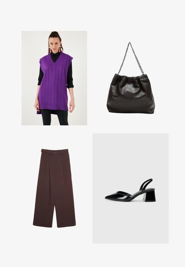 Lilla strikket vest med V-hals, ribbet tekstur og ærmeløs design. Båret over en sort skjorte med knapper, med en lang kant og slidsser i siderne.; Stradivarius WIDE-LEG WITH BUCKLE DETAIL - Bukser - dark brown; Sorte patentlæder slingback hæle med spids tå og en geometrisk blok hæl. Har et elegant, minimalistisk design og en glat tekstur.; Brun lædertaske med en rynket top og en kædestrop. Glat tekstur med en blank finish og subtile sømdetaljer på siderne.