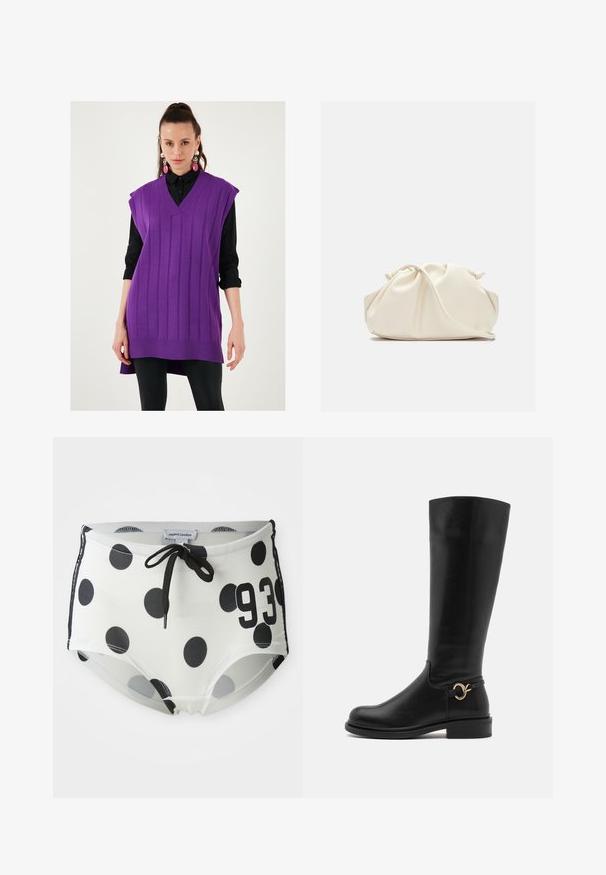 Gilet lavorato a maglia viola con scollatura a V, texture a coste e design senza maniche. Indossato sopra una camicia nera con bottoni, con un'orlo lungo e fessure laterali.; Pantaloni da bagno a pois bianchi e neri con vita regolabile, caratterizzati dal numero "93" sul davanti e un tessuto liscio ed elastico.; Anna Field Wide Fit Stivali alti - black; Borsa in ecopelle color crema, morbida, con design arricciato, tracolla regolabile e chiusura a coulisse discreta. Texture liscia e forma arrotondata.; Orecchini a goccia argentati con superfici arrotondate e riflettenti; design minimalista con texture liscia e un delicato dettaglio di branding.