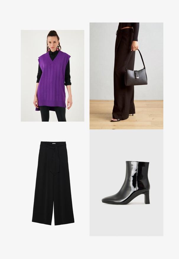 Lilla kudumist eestpidi kaelusega vest, ribakujundusega ja ilma varrukateta. Kanna musta nööbiga särk, millel on pikk kaelus ja külglahkmed.; Mustad laiad püksid, millel on tekstureeritud kangas, elastne vöökoht ja eemaldatav pael vööst, et reguleerida sobivust.; Must-sinine nahkjalats musta läikiva viimistlusega, millel on terav nina ja keskmise kõrgusega plokk konts. Sile tekstuur ja minimalistik disain.; Must musta kott, millel on struktureeritud kuju, sile tekstuur ja metallist klamber. Kombineeritud laiate mustade pükstega ja avatud varvaste sandaalidega puidust põrandal.