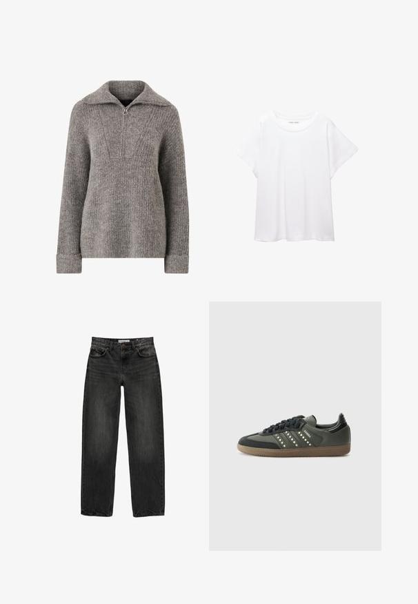 Grå strikket sweater med en halv-zip krave, ribbet struktur, lange ærmer og en afslappet pasform. Har et trekantet mønster på brystet.; Hvid T-shirt lavet af blødt, let stof. Har en rund halsudskæring og korte, brede ærmer med en afslappet pasform. Ingen synlige mønstre.; Sort denim jeans med en afslappet pasform, lige ben, fem-lomme design og en let falmet tekstur. Knap- og lynlåslukning foran.; adidas Originals SAMBA OG - Sneakers - core black/legend earth/gum