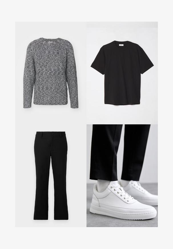 Grå og svart strikket genser med rund hals, lange ermer og ribbestrikkede mansjetter, med et teksturert, mønstrete stoff.; Svart bomull T-skjorte med rund hals, korte ermer og avslappet passform. Enkel design, glatt tekstur, og ingen synlige mønstre eller logoer.; Svarte vide bukser laget av en bomullsblanding, med knappelukking, beltehemper og en glatt tekstur uten synlige mønstre.; Hvite skinn-sneakers med flat gummi såle, med en glatt finish, rund tå og metalløye for snøring. Båret med svarte bukser.