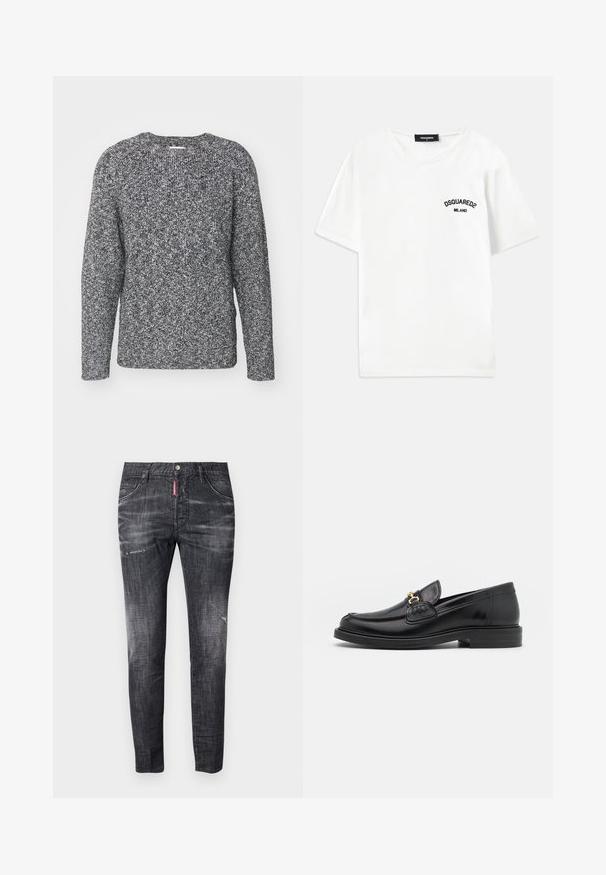 Pull en tricot gris et noir avec un col rond, des manches longues et des poignets côtelés, présentant un tissu texturé et à motifs.; T-shirt en coton blanc avec un col rond, des manches courtes et un logo brodé noir portant la mention "DSQUARED2 MILANO" sur la poitrine gauche.; Jean en denim gris foncé avec une coupe slim, un léger dégradé, des marques d'usure sur les cuisses, cinq poches et un détail de label rouge contrastant.; Mocassins en cuir noir avec un embout rond, présentant des accents en métal doré et des détails de couture, montés sur une semelle en caoutchouc texturé et basse.