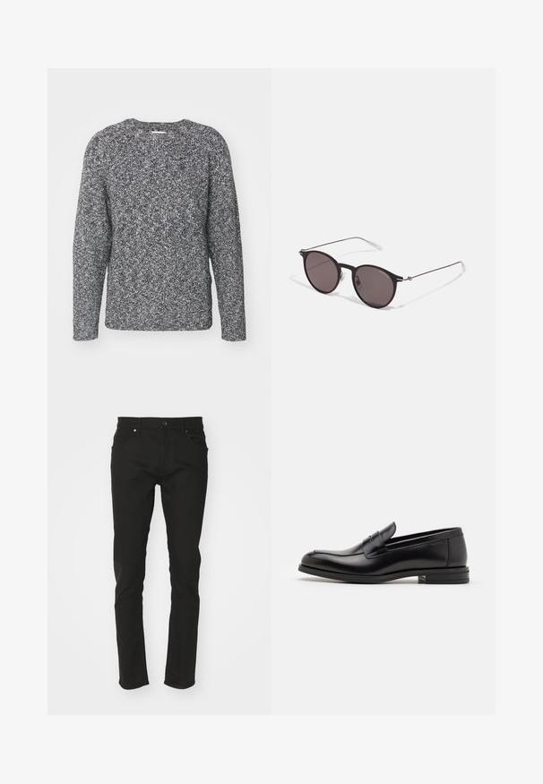 Gray and black knitted sweater with a crew neckline, long sleeves, and ribbed cuffs, featuring a textured, patterned fabric.; Black denim pants with a slim fit design, featuring five pockets, a standard waistband, and metal hardware. Smooth texture with minimal detailing.; Black leather loafers with a smooth texture, rounded toe, and a decorative strap across the vamp. Low stacked heel, minimalist design.; Black round sunglasses with dark lenses and slim metal arms. Includes clear temple tips and silver accents at the hinge. Minimalist design.