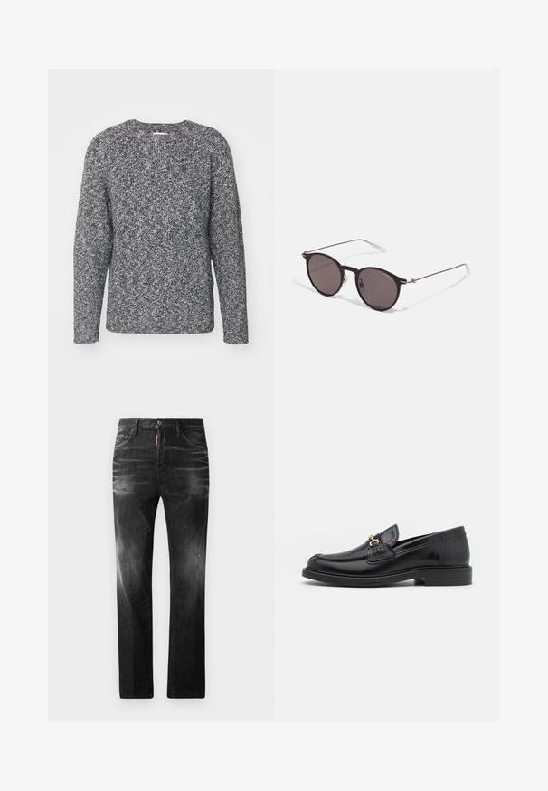Grijze en zwarte gebreide trui met een ronde hals, lange mouwen en ribgebreide manchetten, met een textuur en een geüpdatete stofpatroon.; Zwarte denim jeans met een rechte pasvorm. Beschikt over vervaagde gebieden, lichte slijtage, klassiek vijf-pocket ontwerp en een knoopsluiting.; Zwarte leren instappers met een ronde neus, voorzien van een gouden hardware accent en stikdetails, geplaatst op een lage, getextureerde rubberen zool.; Zwarte ronde zonnebril met donkere lenzen en slanke metalen armen. Inclusief heldere tempelpunten en zilveren accenten bij de scharnier. Minimalistisch ontwerp.