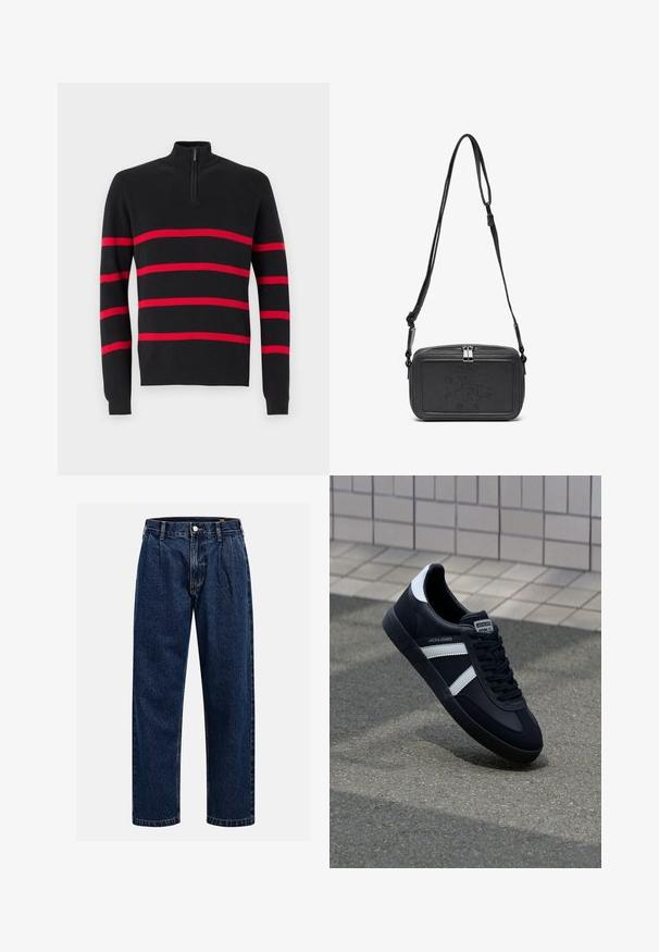Fekete kötött pulóver félszéles gallérral, vízszintes piros csíkokkal. Sima textúrájú, passzoló mandzsettákkal és szegéllyel.; Sötétkék farmernadrág egyenes szabással. Jellemzői a látható varrás, gombos záródás és elülső redők a további részletekért.; Fekete bőr sportcipő fehér csíkokkal, textúrált gumitalppal és fűzős elejével. A nyelvén márkás címke található.; Fekete bőrből készült keresztbe hordható táska cipzáras záródással, dombornyomott logóval az elején és állítható pánttal. Simább textúrájú, téglalap alakú.