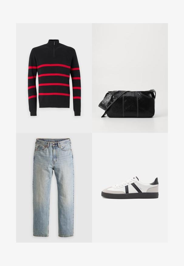 Svart strikkegenser med halv-zip krage, prydet med horisontale røde striper. Glatt tekstur med tettsittende mansjetter og kant.; Lys blå denim jeans med høy midje, frontknapp, glidelås og fem-lommers design, lagt flatt på en nøytral bakgrunn.; Hvite sneakers med svarte og grå detaljer, med en teksturert grå tåhette, svart gummisåle, og flate hvite lisser. Rent design, minimalistisk stil.; Svart lær skulderveske med glidelås, med teksturert overflate, hvite sømmer og en stropp med sølvringer.
