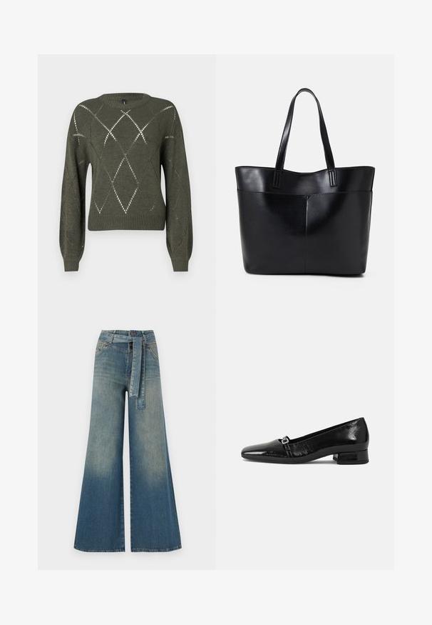 Grüner Strickpullover mit rautenförmigen Ausschnitten, rundem Halsausschnitt und langen Ärmeln. Mit gerippten Bündchen und Saum sowie einer strukturierten Oberfläche.; Weit geschnittene Denim-Hosen mit einem Farbverlauf von hellblau zu dunkelblau, hoher Taille, Gürtelschlaufen und einem passenden Stoffgürtel. Strukturierte Denim-Oberfläche.; Schwarze Lackleder-Ballettschuhe mit spitzem Zehenbereich, niedrigem quadratischem Absatz und einem kleinen metallischen Schnallenakzent am Riemen. Glatte Textur.; Schwarze Leder-Shopper-Tasche mit zwei langen Griffen, einer glatten Textur und einer strukturierten Form. Verfügt über eine Vordertasche für zusätzlichen Stauraum.