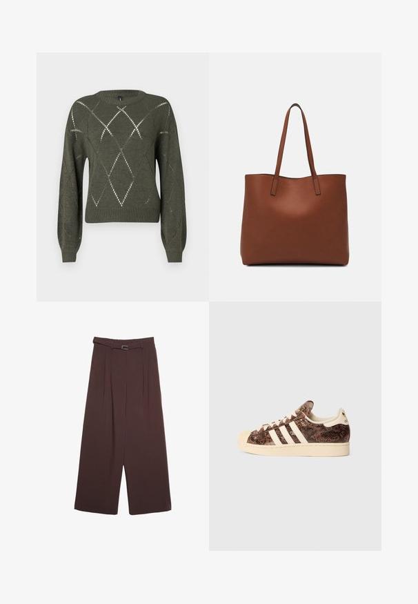 Zielony sweter dziany z diamentowymi wycięciami, okrągłym dekoltem i długimi rękawami. Posiada ściągacze przy mankietach i u dołu oraz teksturalne wykończenie.; Stradivarius - Spodnie materiałowe; Brązowe sneakersy w wężowy wzór z białymi paskami i kremowymi akcentami. Posiadają okrągły nos, teksturowaną cholewkę oraz miękką podszewkę wewnętrzną.; Brązowa skórzana torba tote o gładkiej fakturze, z otwartym wierzchem i dwoma ramiączkami. Charakteryzuje się minimalnym przeszyciem i brakiem widocznych elementów metalowych.