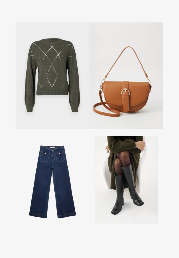 Knit green sweater with diamond-shaped cutouts, crew neckline, and long sleeves. Features ribbed cuffs and hem with a textured finish.; Dark blue wide-leg jeans made of denim, featuring two front pockets with decorative buttons, and a straight-cut hem.; Knee-high black leather boots with a squared toe and block heel, shown with a model seated in an olive green coat. Smooth texture, minimal detailing.; Brown leather crossbody bag with a curved shape, gold hardware, and a buckle accent. Features a detachable shoulder strap.