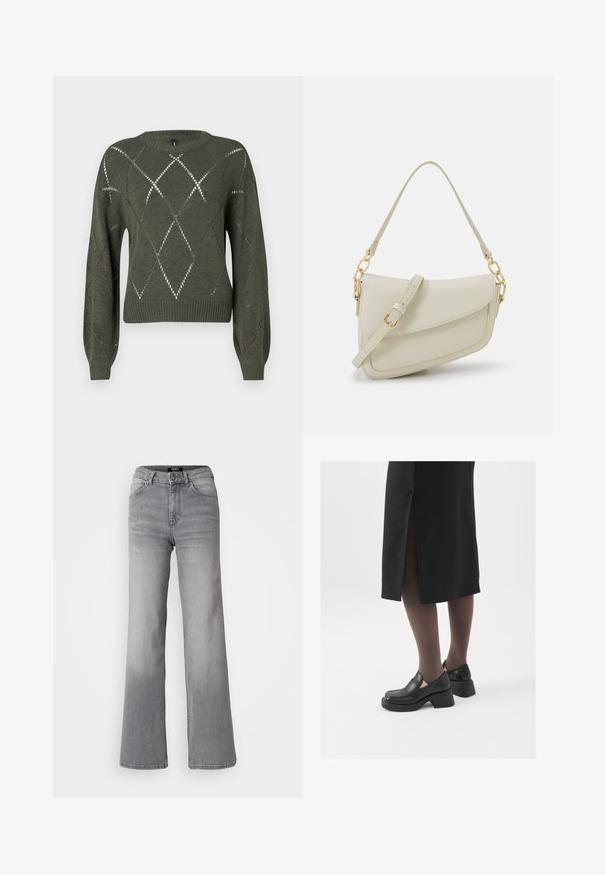 Pletený zelený svetr s výřezovými diamantovými tvary, kulatým výstřihem a dlouhými rukávy. Obsahuje žebrované manžety a lem s texturovaným povrchem.; Džíny z šedého denimu s vysokým pasem a rovnými nohavicemi, předním zapínáním na knoflík a zip, předními a zadními kapsami, a vybledlým stínováním na stehnech a lýtkách.; Černé kožené boty s kulatou špičkou, silným blokovým podpatkem a elastickými bočními akcenty, spárované s tmavými punčochami a černou sukní se rozparkem.; Malá krémová kabelka s texturovaným povrchem, dlouhým nastavitelným popruhem, řetízkovým akcentem a klopou. Ozdobné detaily zlaté barvy.