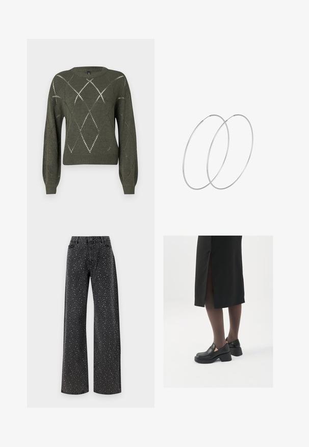 Groene gebreide trui met ruitvormige uitsparingen, ronde halslijn en lange mouwen. Beschikt over geribbelde manchetten en zoom met een gestructureerde afwerking.; Noisy May NMJANNEL LOOSE - Relaxed fit jeans - black denim; Zwarte leren schoenen met een ronde neus, dikke blokhak en elastische zijkanten, gecombineerd met donkere panty's en een zwarte rok met een split.; Zilveren hoepel oorbellen met een minimalistisch ontwerp. Cirkelvormig, gladde textuur en dun profiel. Lichtgewicht met een gepolijste afwerking.