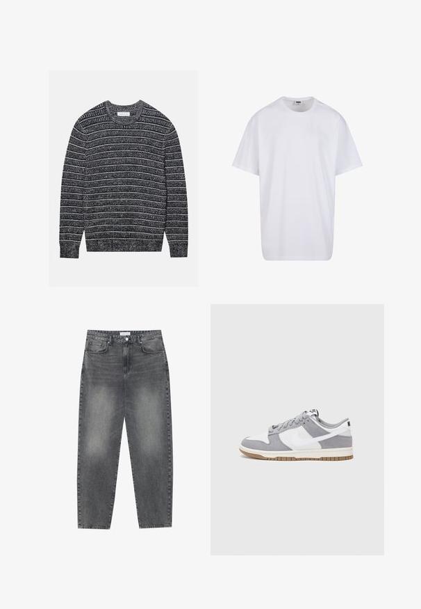 Adīts džemperis ar tumši pelēkām un baltām horizontālām svītrām, apaļu kakla izgriezumu, ribotām piedurknēm un apakšmalu. Mīksta tekstūra, regulāra piegriezuma.; Balta kokvilnas T-kreklu ar īsām piedurknēm, apaļu kakla izgriezumu, brīvu piegriezumu un bez redzamām logo vai rakstiem. Gluda tekstūra un minimālistisks dizains.; Augsta vidukļa, platā stila džinsi izbalējušā melnā denima. Ar pieciem kabatām, jostas cilpām un tīru, taisnu kāju dizainu.; Pelēki un balti sporta apavi ar zamšādas un ādas virsu, noapaļota purngala, plakaniem šņorēm un gumijas zoli ar gumijas akcentu.