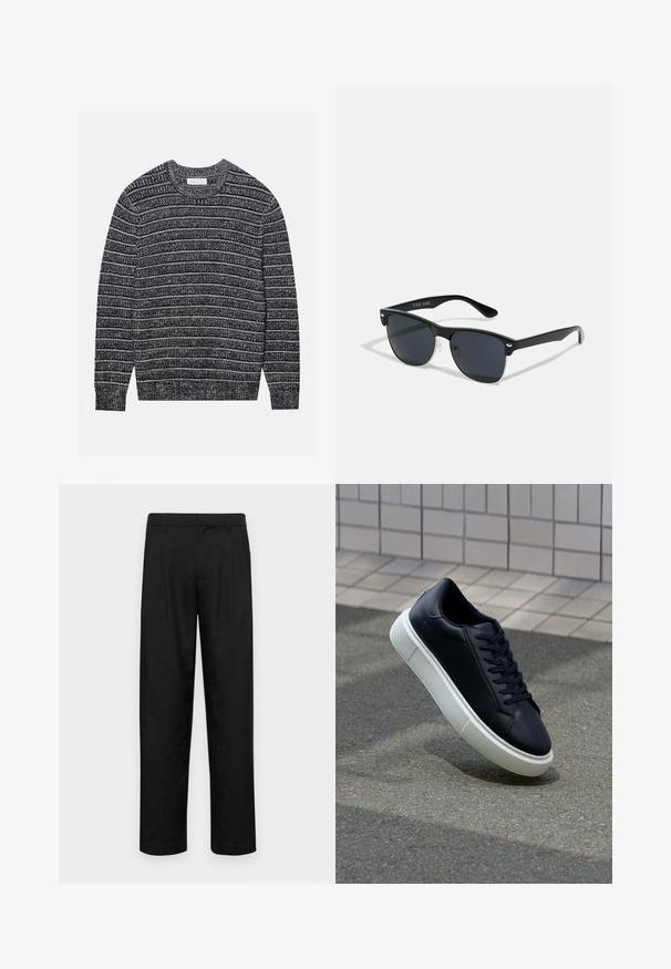 Strickpullover mit dunkelgrauen und weißen horizontalen Streifen, Rundhalsausschnitt, gerippten Bündchen und Saum. Weicher Stoff, normale Passform.; Schwarze Hose aus glattem Stoff, mit geradem Bein Design, zwei vorderen Falten und einem Standardbund mit Gürtelschlaufen.; Schwarze Leder-Sneaker mit runder Zehenpartie und weißer Gummisohle. Verfügt über flache Schnürsenkel und minimale Nähte im Obermaterial. Strukturiertes Sohlenprofil für besseren Halt.; Schwarze Sonnenbrille mit rechteckiger Form, dunklen Gläsern, silbernen Akzenten an den Bügeln und mattierter Oberfläche des Rahmens.