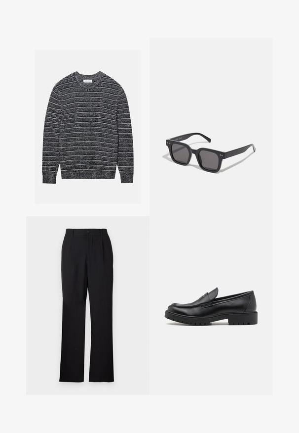 Strickpullover mit dunkelgrauen und weißen horizontalen Streifen, Rundhalsausschnitt, gerippten Bündchen und Saum. Weicher Stoff, normale Passform.; Only & Sons ONSJEREMY LOOSE PANT - Stoffhose - black; Schwarze Lederloafers mit runder Zehenform, eleganter Schlupfdesign und dicker Gummisohle mit strukturiertem Griff. Erhöhter Absatz und dezente Nähdetails.; Schwarze rechteckige Sonnenbrillen mit dunklen Gläsern, die einen dicken Rahmen, subtile Akzente an den Seiten und keine sichtbaren Logos außer dem Markennamen aufweisen.; Silberner Edelstahlumschlag mit schwarzem Zifferblatt, markierten Stundenanzeigen, Datumsanzeige und wasserdicht bis zu 50 Metern.