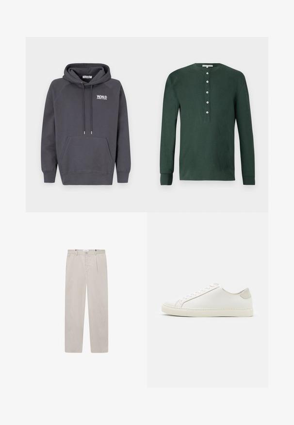 Tmavošedá mikina s predným vačkovým vreckom, kapucňou na šnúrku a bielym logom na hrudi. Má raglánové rukávy a rebrované manžety.; Tmavozelená dlhá rukávová henley košeľa z bavlny s guľatým výstrihom, piatimi bielymi gombíkmi a rebrovanými manžetami. Hladká textúra.; Svetlo béžové nohavice vyrobené z mäkkej tkaniny, s rovnými nohavicami, dvoma bočnými vreckami a predným zapínaním na gombík. Ľahká a hladká textúra.; Biele kožené tenisky s hladkým povrchom, okrúlym špičkou a minimalistickým dizajnom. Obsahujú béžové akcenty na päte a gumovú podrážku.