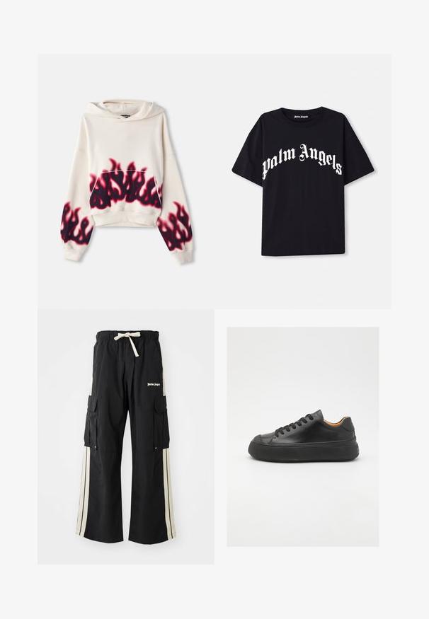 Kremowa bluza z kapturem z kieszenią na przodzie, z czerwono-czarnym wzorem płomieni na dole i na jednym rękawie. Miękka w dotyku.; Czarny bawełniany t-shirt z krótkim rękawem i okrągłym dekoltem, z białym napisem „palm angels” w zakrzywionym, ozdobnym stylu na przodzie.; Czarne spodnie cargo z elastycznym paskiem w talii i sznurkiem, z kremowymi paskami po bokach, wieloma kieszeniami i detalem z logo z przodu.; Czarne skórzane trampki z okrągłym noskiem, sznurowanym przodem, gładką teksturą, grubą gumową podeszwą i kontrastującym, tanowym wnętrzem.