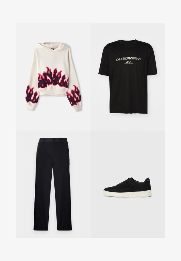 Hoodie de cor creme com bolso frontal, apresentando um padrão de chamas vermelhas e pretas na parte inferior e numa das mangas. Textura suave.; T-shirt de algodão preta com gola redonda, mangas curtas e o logo "EMPORIO ARMANI" em branco acima de "Milano" num design curvo.; Calças pretas com um tecido leve e texturizado, design de pernas retas, cintura elástica e bolsos laterais com fecho.; Sapatilhas de camurça pretas com design de atacadores e sola de borracha branca em contraste. Apresenta painéis laterais texturizados e uma marcação discreta no calcanhar.