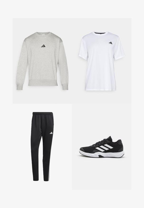 Grå sweatshirt i bomullsblandning, med ribbade ärmslut och nederkant, samt en liten svart Adidas-logga på bröstet. Klassisk crew neck-design.; Vit sporttopp med kort ärm, tillverkad av fukttransporterande tyg. Har en svart logotyp på vänster bröst och ett mönstrat inre halsringning.; Svarta träningsbyxor med elastisk midja, vita sidostreck och en liten vit logotyp på låret. Tillverkade av ett slätt, lätt material.; Svarta sportskor med ett texturerat nätövre, vita accentlinjer, en dämpad sula och en förstärkt häl för stöd.