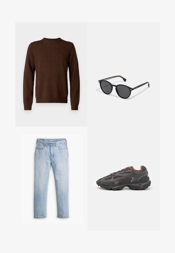 Samsøe Samsøe ISAK SWEATER - Maglione - chocolate torte; Jeans in denim blu chiaro con design a gamba dritta, stile a cinque tasche e cuciture a contrasto. Chiusura con bottone e zip in vita.; Sneaker Lacoste grigie scure in materiale mesh e sintetico, con suola testurizzata e dettagli marroni sul colletto e sul branding.; BOSS Occhiali da sole - black