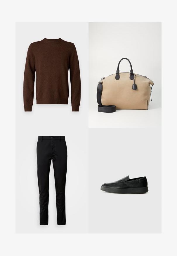 Samsøe Samsøe ISAK SWEATER - Džemper - chocolate torte; Mustad mustriga püksid, mis on valmistatud siledast kangast. Omab vööd nupuga ja sirge lõikega sääri.; Calvin Klein HYBRID CUP - Jalga libistatavad jalanõud - triple black; Beežist nubukist kott mustade nahkredelite ja aktsentidega. Omab kaheksat redelit, eemaldatavat rihma ja esitasku sulgemiseks lukuga.