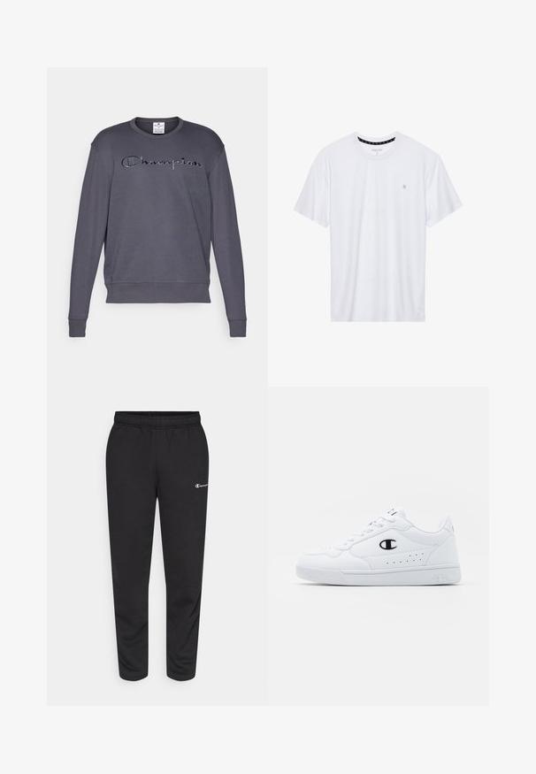 Dark gray sweatshirt with long sleeves, ribbed cuffs, and a crew neckline. Features embroidered "Champion" logo in matching color on the front.; White crewneck t-shirt made of cotton, featuring short sleeves and a small logo embroidered on the left chest area. Soft texture.; Black sweatpants made of cotton blend, featuring an elastic waistband and a small white logo on the left side. Tapered leg design.; White athletic sneakers with a smooth synthetic upper, black logo accent, and perforated detailing on the side. Rubber sole.