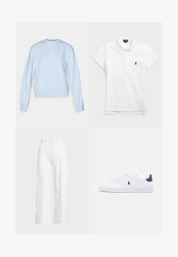 Sudadera de color azul claro, hecha de una tela suave. Cuenta con un cuello redondo, mangas largas y un dobladillo acanalado, con un logo sutil en el centro.; Polo de algodón blanco con cuello clásico, mangas cortas y un logo bordado en azul marino en el lado izquierdo del pecho. Tapeta de cinco botones.; Pantalones de pierna ancha blancos con cintura alta, que cuentan con un cierre de botón y detalles de costura sutiles. Elaborados en algodón con una textura suave.; Zapatillas de cuero blanco con un acabado suave, detalles en azul marino y un pequeño logotipo en el costado. Cuentan con cordones planos y una suela de goma texturizada.