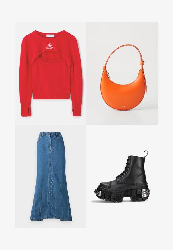 Red knitted sweater featuring a unique cutout design, ribbed cuffs, and a triangular white logo on the chest. Adjusted hem and open sides.; Denim crop top featuring a zip front, curved seam detailing, and a repeated crescent moon pattern in light blue on a darker blue base.; Denim maxi skirt in medium blue featuring a fitted waist, straight silhouette, contrasting red stitching, and subtle circular pattern on the back.; Black leather combat boot with high top, round toe, thick textured sole, silver hardware accents, and distinctive tread pattern.; Orange leather handbag with a half-moon shape, slim strap, and gold hardware. Features a zip closure and embossed brand name on the front.; Gold-toned chain necklace featuring a central pendant with a dome shape, cross accent, and clear rhinestones throughout.