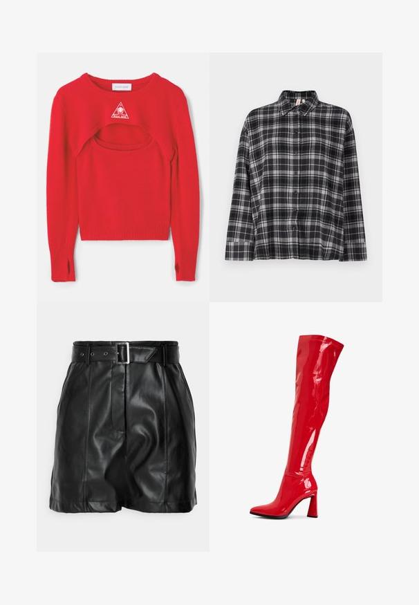 Červený pletený svetr s jedinečným designem výřezu, žebrovanými manžetami a trojúhelníkovým bílým logem na hrudi. Upravený lem a otevřené strany.; Černá a šedá kostičkovaná košile s límečkem, dlouhými rukávy a volným střihem. Tkanina vypadá měkce s mírnou strukturou.; Černé kožené šortky s hladkým povrchem, vysokým pasem a širokým pásem se čtvercovou stříbrnou sponou. Přední část se sklady.; Červené lakované kozačky nad kolena s špičatou špičkou a výrazným blokovým podpatkem. Disponují lesklým povrchem a švy podél svršku.