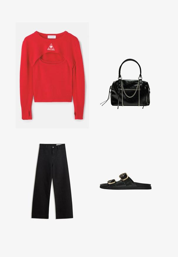 Piros kötött pulóver egyedi kivágott dizájnnal, bordázott mandzsettákkal és egy háromszög alakú fehér logóval a mellrészen. Igazított aljú, nyitott oldalú.; Fekete, bő szabású farmernadrág magas derékkal, elülső és hátsó zsebekkel, varrott felületekkel és gombos záródással. Sima textúra.; Fekete csúszó szandál, két arany csattal, sima textúrájú anyagból, lapos talppal és minimalista dizájnnal.; Bershka WITH CHAIN - Kézitáska - black