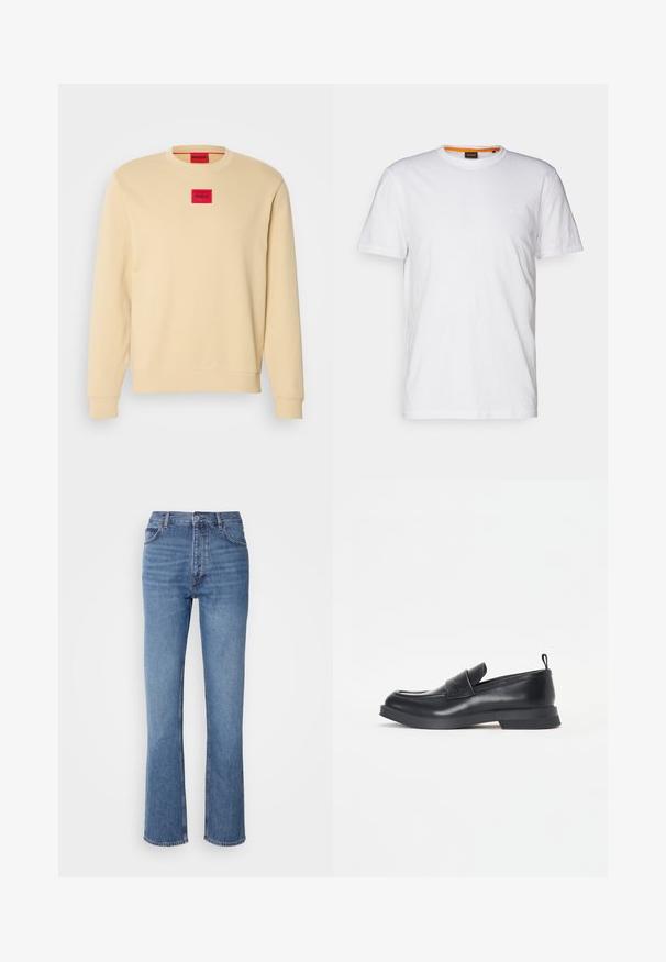 Heledbeige puuvillane crewneck-sweatshirt. Ees on punane ruudukujuline logopatch ja soonikkoesvarred ning hem. Sile tekstuur.; Valge puuvillane T-särk ümmarguse kaelusega, lühikeste varrukatega ja rinna peal diskreetse reljeefse logoga. Siseetiketil on oranž detail.; Sinised denim teksad kõrge vöökoha, sirge jala disaini ja kerge pleekimisega. Omavad klassikalist viit taskut ja tõmbluku sulgemist.; Mustad mustad kingad ümarate varvastega, esiosa rihmaga ja madala kummitaldiga. Hästi peene õmblusega ja taga on tõmblauad.