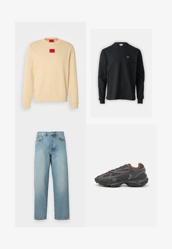 Crewneck sweatshirt i lyse beige bomull. Har et rødt firkantet logo-patch på brystet og ribbede mansjetter og kant. Glatt tekstur.; Svart langermet T-skjorte laget av bomull, med rund hals og en liten grønn brodert krokodillelogo på venstre bryst.; Lys blå denimjeans med løs passform, rette ben, fem-lomme-design og knappelukking i livet. Minimalistisk sømdetalj.; Lacoste-sneakers i mørkegrått med mesh- og syntetisk materiale, med en teksturert såle og brune detaljer på kragen og merket.