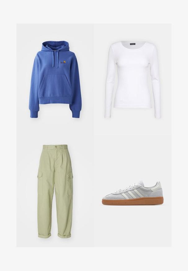 Sweat à capuche bleu en mélange de coton, comportant une poche avant, des poignets et un ourlet côtelés, avec un logo brodé sur la poitrine.; T-shirt à manches longues blanc côtelé avec un col rond. Fabriqué en un tissu extensible qui épouse le corps. Présente de fines lignes horizontales.; Pantalons cargo vert clair en tissu coton. Présentent une taille haute, des poignets roulés et deux poches cargo latérales pour plus de praticité.; Baskets en suède gris clair avec des accents en cuir blanc, trois rayures blanches et une semelle en caoutchouc marron, dotées d'un col rembourré pour plus de confort.