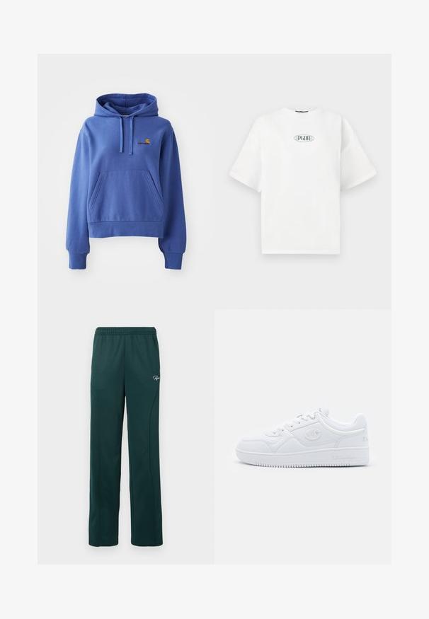 Zila kapuce ar džemperi, izgatavots no kokvilnas maisījuma, ar priekšējo kabatu, ribotām piedurknēm un apakšmalu, uz krūtīm ar izšūtu logotipu.; Balta īsām piedurknēm T-kreklu no kokvilnas, ar grafisku logo zaļā krāsā ovāla formā krūšu centrā.; Tumši zaļi sporta bikses, izgatavotas no mīksta auduma, ar elastīgu jostu un sānu šuvēm, ar mazu logotipu priekšpusē.; Baltas sporta apavi, kas izgatavoti no gludas sintētiskas vielas, ar apaļu purngalu, plakanu zoli un uzsvērtiem logo akcentiem sānos. Klasisks zema profila dizains.