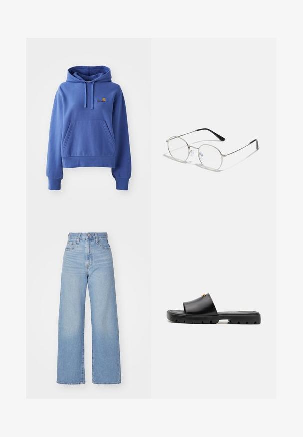 Niebieska bluza z kapturem wykonana z mieszanki bawełny, z kieszenią z przodu, ściągaczami na rękawach i u dołu, z logo haftowanym na klatce piersiowej.; Jasnoniebieskie jeansy z wysokim stanem i szerokimi nogawkami, z zapięciem na guziki i zamek z przodu, przednie i tylne kieszenie, na białym tle.; Czarne mule z gładką, matową skórą cholewy i grubą, teksturowaną gumową podeszwą. Zauważalny złoty element ozdobny na cholewie. Prosty, otwarty design.; Okrągłe metalowe okulary z cienką srebrną oprawą, przezroczystymi soczewkami i czarnymi zausznikami z gumowymi końcówkami dla wygody. Minimalistyczny design.